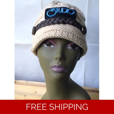 Woman Winter Hat Light Beige W & B Front Logo